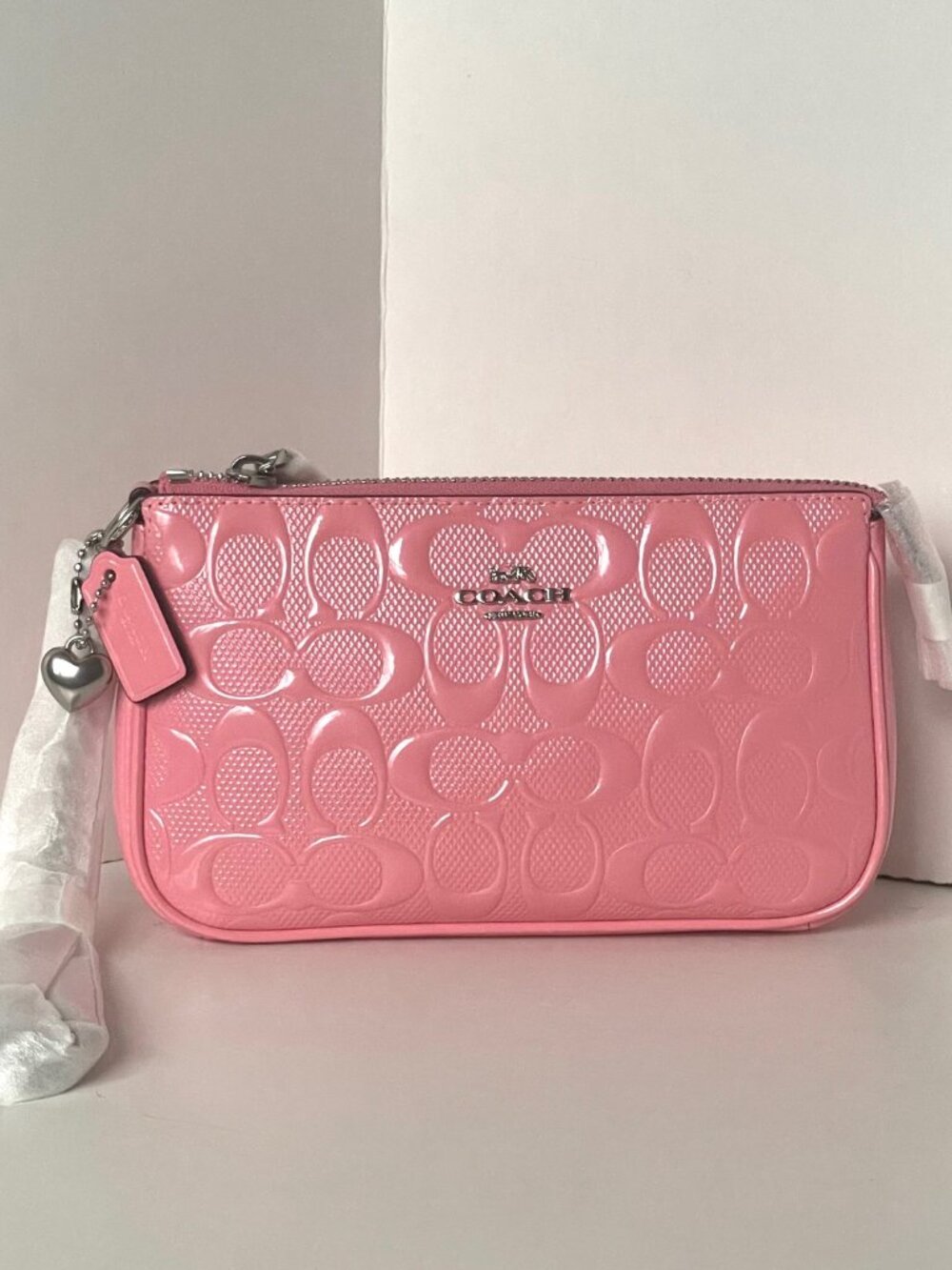 Coach Nolita 19 Pink Patent Leather Heart Charm Shoulder Bag Wristlet CCZ27
